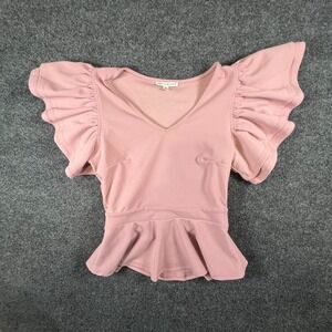 Haute Monde Blouse Top Womens Medium Pink Stretch Peplum Hem Cap Ruffle Sleeve